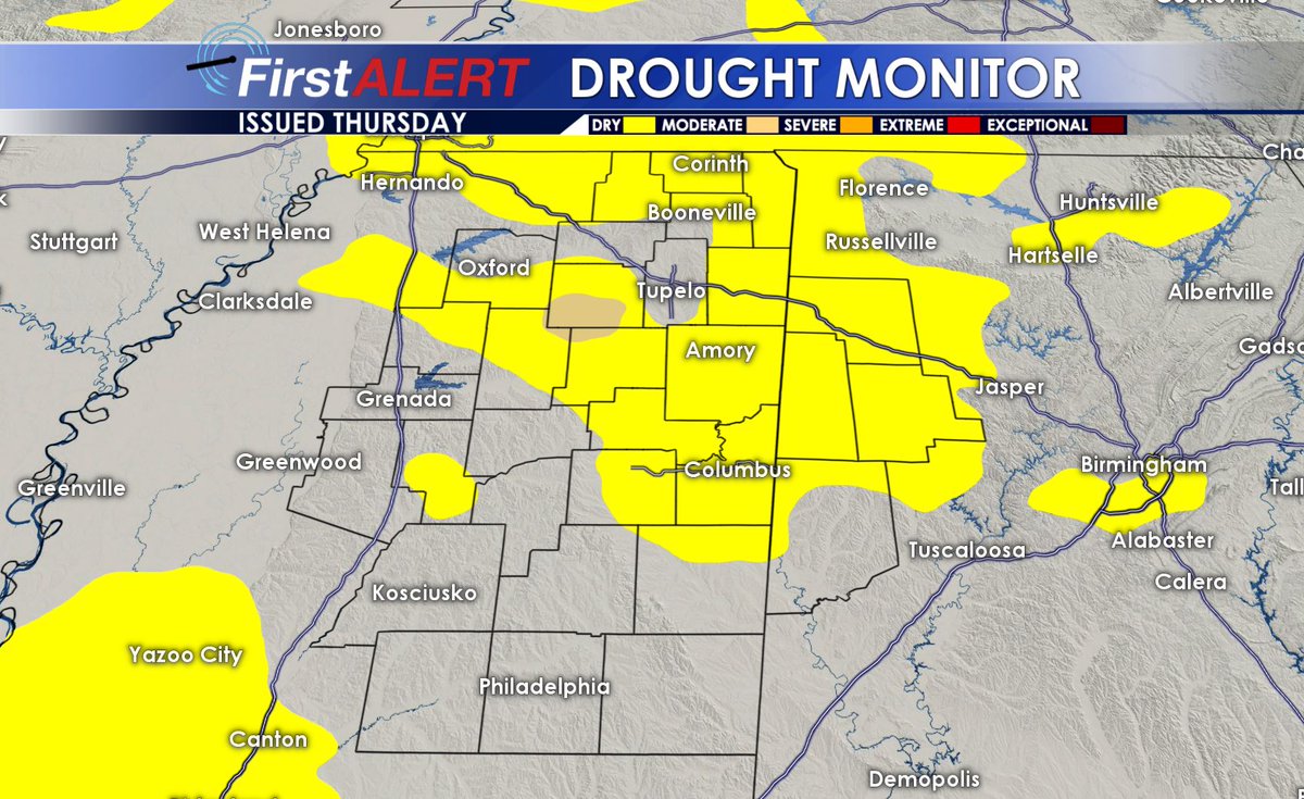 NEW: Drought have been officially declared in Northeast Mississippi according to the US Drought Monitor.  Moderate drought exists in parts of Pontotoc, Calhoun and Chickasaw counties.  This will grow if we don't get beneficial rains fast....
