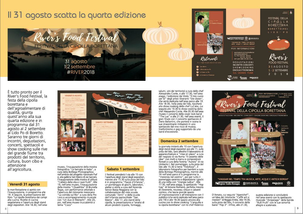 RiversFood's tweet photo. Sul periodico d'informazione "Boretto Oggi" la copertina e due pagine interamente dedicate al River's Food Festival https://t.co/77YSdddULS @BorettoTw #River2018 https://t.co/AqyXbOmvtm