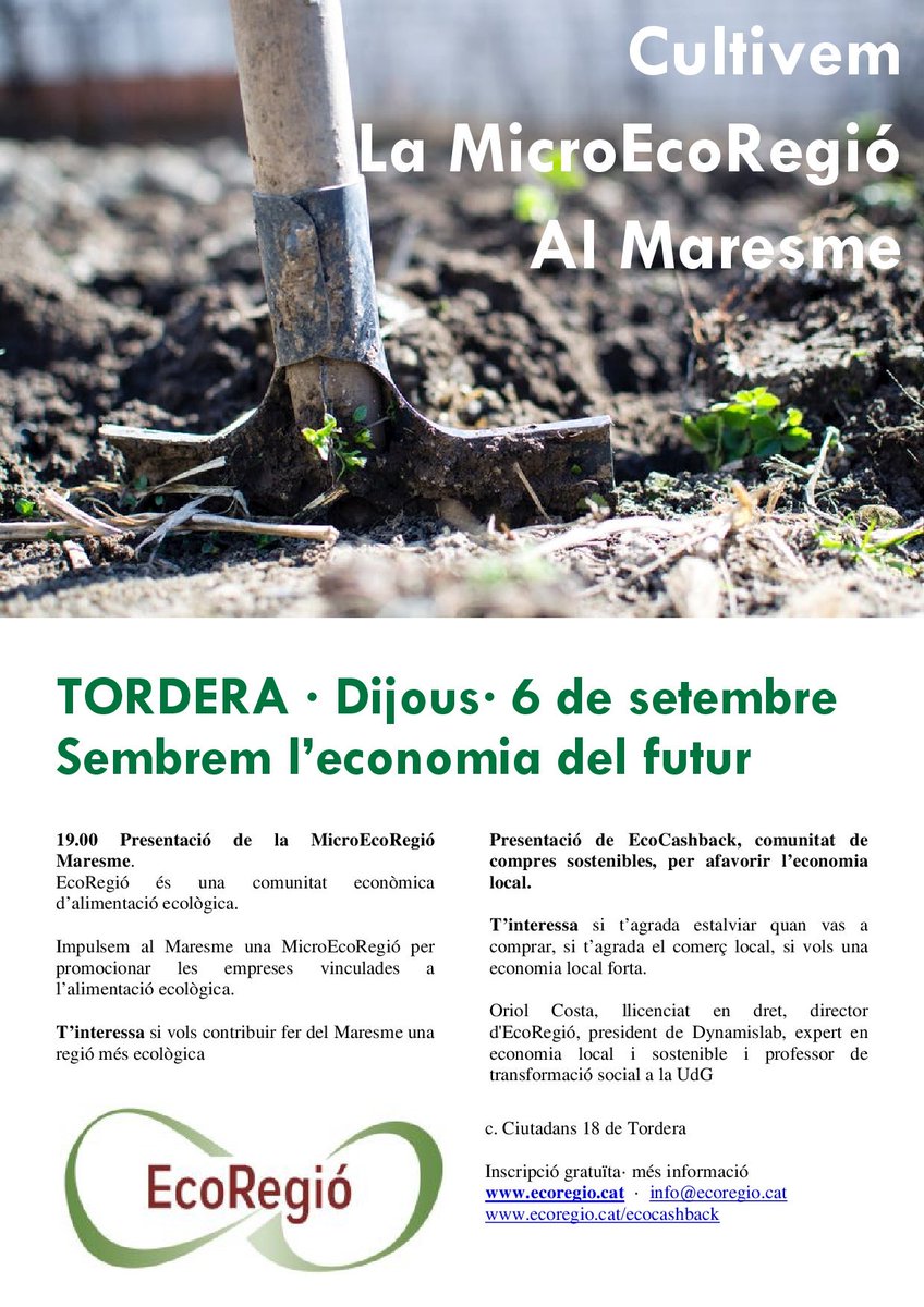 ecoregiocat's tweet photo. Si t’interessa contribuir a fer del #Maresme una regió més #ecològica, vine a participar de la trobada que tindrà lloc  el dia 6 de Setembre a #Tordera  
 Anima’t a participar-hi!!
#EcoRegió #Ecocashback #Dynamislab
#alimentacióecològica
#economiasocial #economiasostenible https://t.co/sfg2edQ7cL