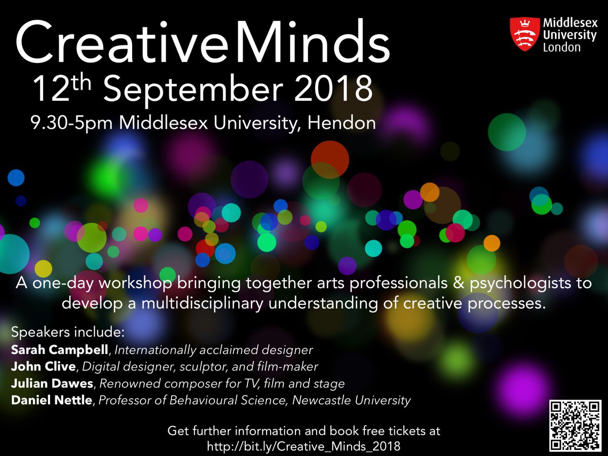 Just a handful of free tickets left for Creative Minds 2018. Details &amp; tickets available through eventbrite - bit.ly/Creative_Minds…. <a href="/StatsDancer/">Dr Lucy Irving</a> <a href="/David_Westley/">David Westley</a> <a href="/MiddlesexUni/">Middlesex University</a>