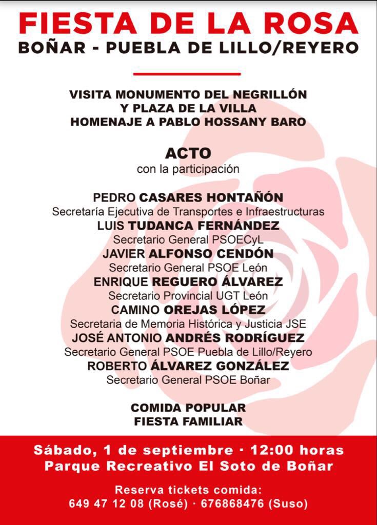 JSE_Orbigo's tweet image. Fiesta de la Rosa de Boñar y Puebla de Lillo/Reyero, contaremos con varias intervenciones y con la participación de @pedro_casares, Sº federal de transporte e infraestructuras del @PSOE.

¡¡Os esperamos!!

#Boñar #PueblaDeLillo #Reyero #leonesp