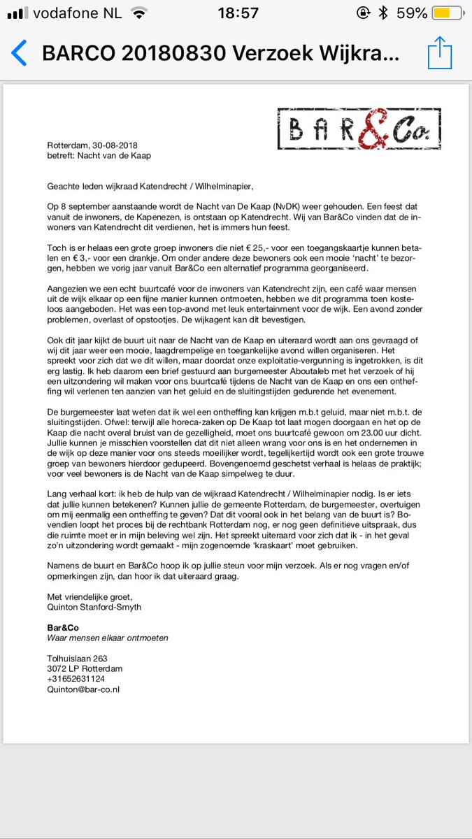 Terechte oproep/vraag van buurt/sociaal café Bar&amp;Co in Katendrecht. Met de Nacht van de Kaap op 8 september langer open. Moet kunnen! #stopdebetutteling <a href="/Katendrechtnr1/">Katendrecht</a> <a href="/Kunjijdekaapaan/">Katendrecht 010</a> <a href="/deKaapRdam/">de Kaap Rotterdam</a>