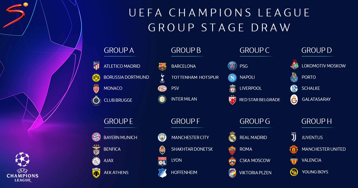 SuperSport 🏆 on X: Here are the groups for the 2018/19 UEFA Champions  League. The first matches will take place on 18 and 19 September with the  final being held at the