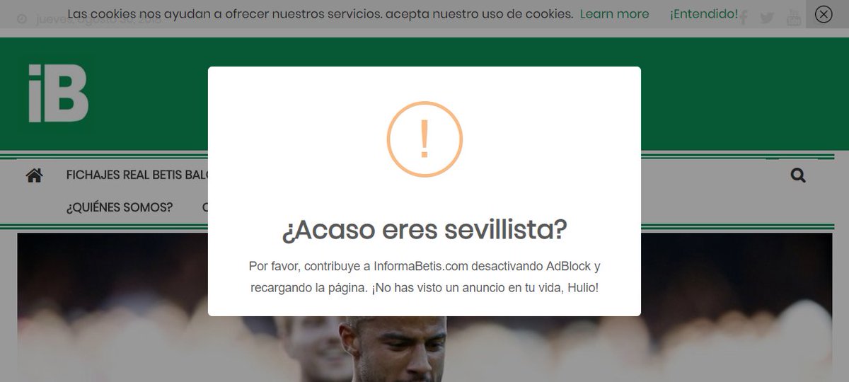previoverdiblan's tweet photo. Grande @InformaBetisWeb ! Con un mensaje como ese seguro que todos los béticos desactivamos AdBlock en vuestro sitio web, y más en semana de #ElGranDerbi https://t.co/SFLSd7SZn5