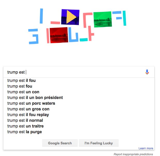 TechTrashFr's tweet photo. Grâce aux suggestions de recherche @Google, on y voit tout de suite plus clair sur ce qui intéresse VRAIMENT les gens chez Trump et Obama…
#MerciGoogle #TrumpGoogle https://t.co/6euPFR2cIL