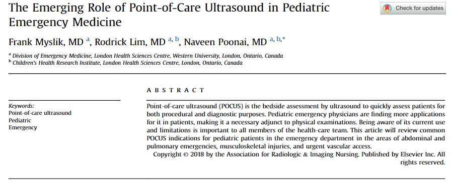 Looking for a good review of Pediatric POCUS Applications in the ED? Check out this latest article summarizing high-yield areas targeted for all users authors.elsevier.com/c/1XeIZ5VYVEbS… … #POCUS #FOAMed