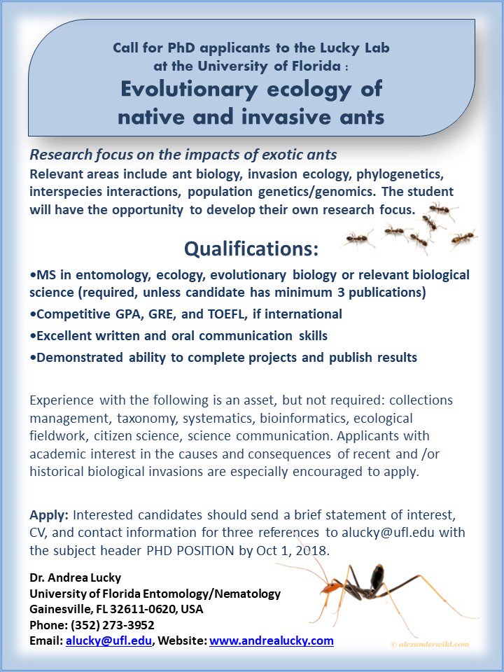 Aluckymyrmex's tweet image. Please Retweet! My lab at the University of Florida is recruiting PhD students for Fall 2019. Ant systematics/ecology/science communication students, join our team!