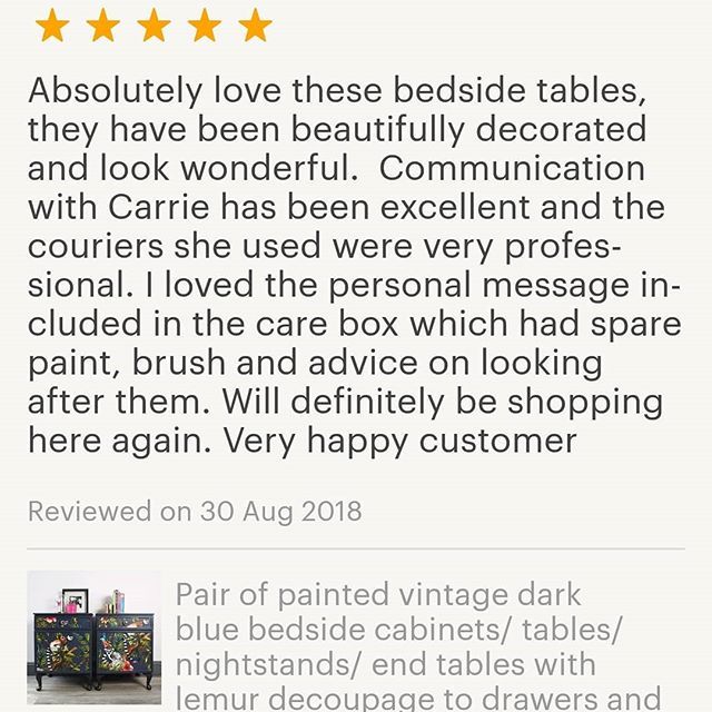 ⭐⭐⭐⭐⭐Just wanted to share this lovely review I received today from my customer who bought the lemur bedsides. Definitely made my day! 👏

#soldonetsy #etsyreview #furnitureforsale #furniturecommissions #vintagefurnitureforsale #furnituredesign #el… ift.tt/2PTDrwj