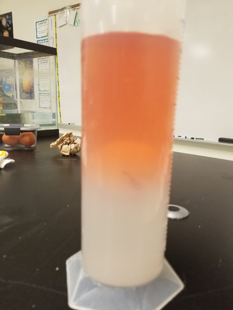 hhh_Chookas's tweet image. Here we have a golf ball floating in the center of a graduated cylinder of water. Why is the water different colors? Shouldn't a golf ball sink in water? Ask your scientist to explain this to you! #relativedensity #hhheroes #RCISDjoy
 #ScienceRocks