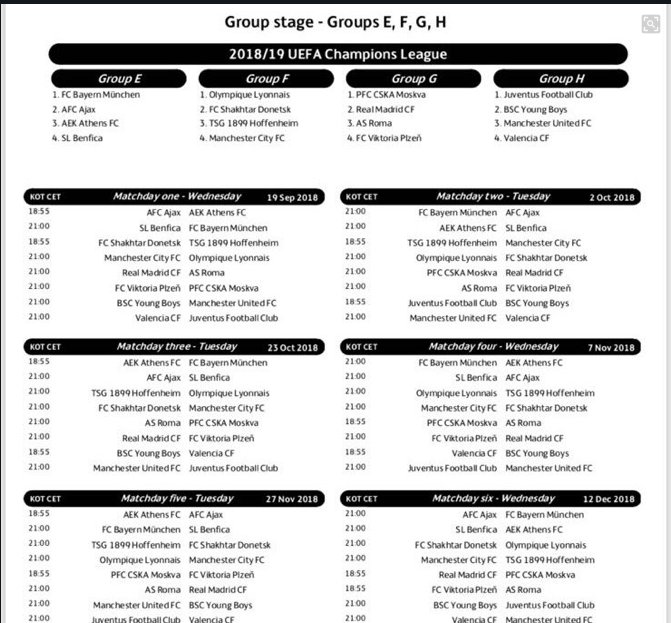 champion league schedule 2018