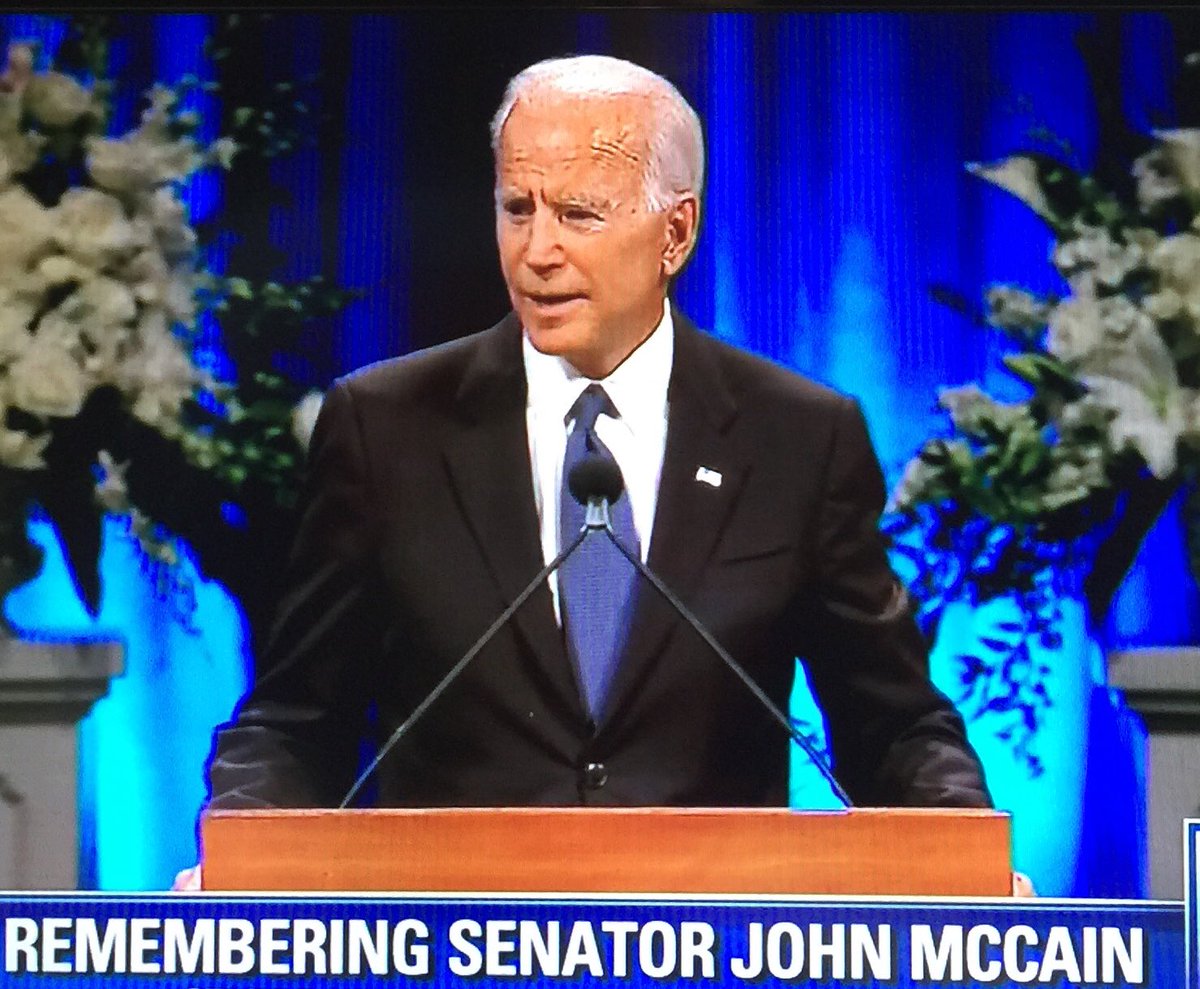 GoodfriendC's tweet photo. Former Vice President Joe Biden says he remembers Senator John McCain as a brother, “we had a lot of family fights” - the crowd chuckles. Biden spoke of McCain’s #courage and the #McCainCode - #RIP #SenatorJohnMcCain @SenJohnMcCain memorial in North Phoenix Baptist Church https://t.co/sLa6y3unyA