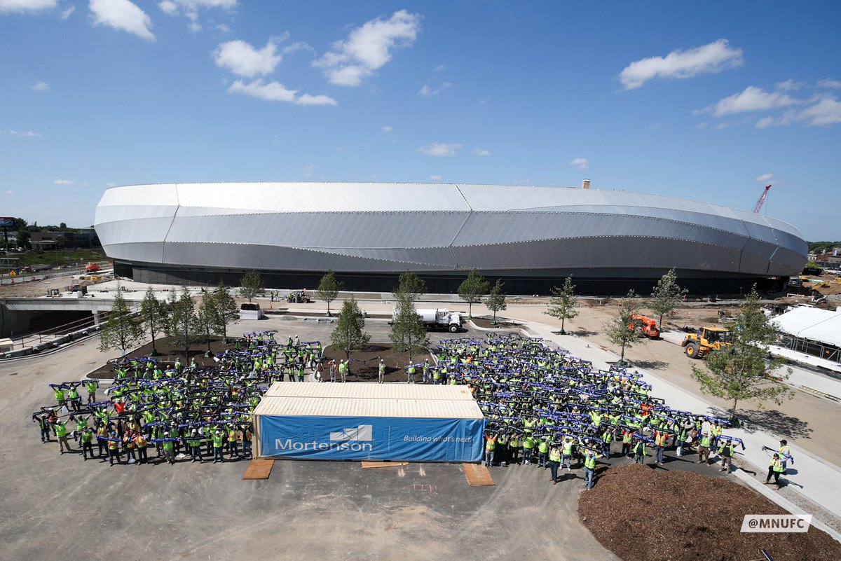 MNUFC's tweet photo. Scarves Up, Allianz Field 

Thanks to every single person who is helping build @allianzfield from the ground up... Literally 

#MNUFC | #ScarvesUpMN https://t.co/85aioMpllu