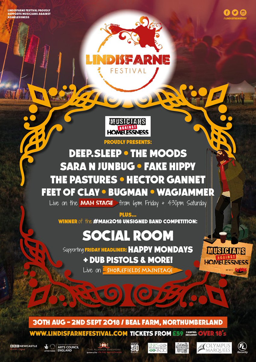 MAH_Gigs's tweet photo. Its @lindisfarnefest this weekend! 150 plus acts &amp; 9 stages supporting #MAH2018 @crisis_uk Comp winners @SocialRoomband support @Happy_Mondays &amp; introducing MAH stage @themoodsmanc @DeepSleepUK @SaraNJunbug @ThePasturesBand @HectorGannet @FeetOfClay Fake Hippy, Bugman @Wagjammer https://t.co/fO0ZKygYVP