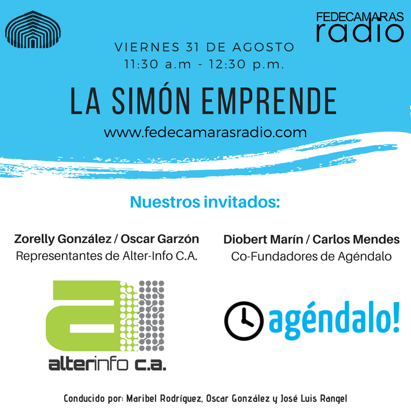 joseluis_usb's tweet photo. El viernes #31Ago estaremos conversando con representantes de #AlterInfo, empresa instalada en el @PTS_USB y con los fundadores de @agendalo. La cita es a partir de las 11:30 a.m. por @FedeRadioVe #LaSimónEmprende #emprendimiento #USBve https://t.co/1cWIojaRV8