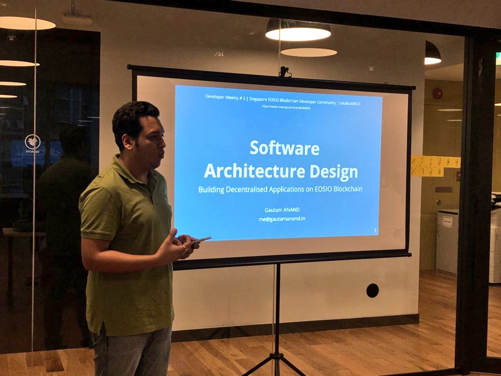 letsbuildeos's tweet photo. Update: "SG #EOSIO #Blockchain Developer Community" Developer Weekly #3: Software Architecture Design for #dApps. Slide deck: https://t.co/LzD4Ta16d3 @gautam_anand25 @eosalliance1 @Oracle_Chain @eos_ph @EOS_Nation https://t.co/7PgHjylKgi