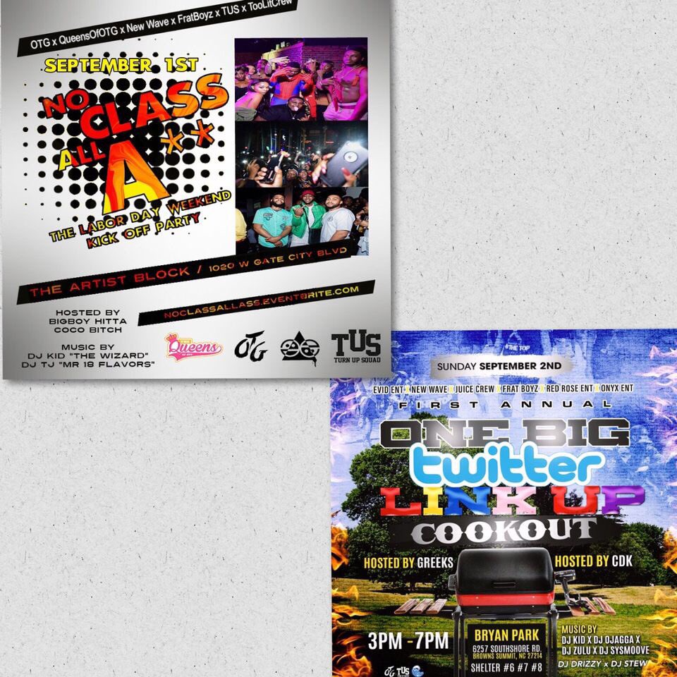 xokiahk's tweet photo. Labor Day Weekend
#AllAssNoClass
#twitterlinkupcookout
π₯π₯π₯π΄βοΈπ₯Official One Big Twitter Link Up Cookout !! Meeting all the people we vibe with online π΄βοΈ
β’ Great Food ππ’π² β’ Games ππβ½οΈ β’ Party ππΎ
RT TO SAVE A LIFE #NCAT22 #Ncat #UNCG #UNCG22 https://t.co/hBBvOc44H7