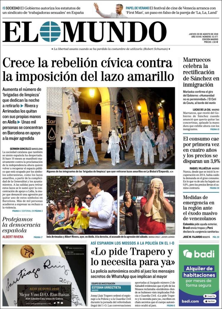 FeelLlibertat's tweet photo. Españoles que habéis tuiteado el hashtag #RiveraQuitameEste : GRACIAS, pero os dais cuenta que algo que ha sido trending topic en España (la agresión al cámara de TM) no mereció ayer ni una reseña en portada en ninguno de los grandes periódicos? No es extraño? https://t.co/2YnXrOBRtp
