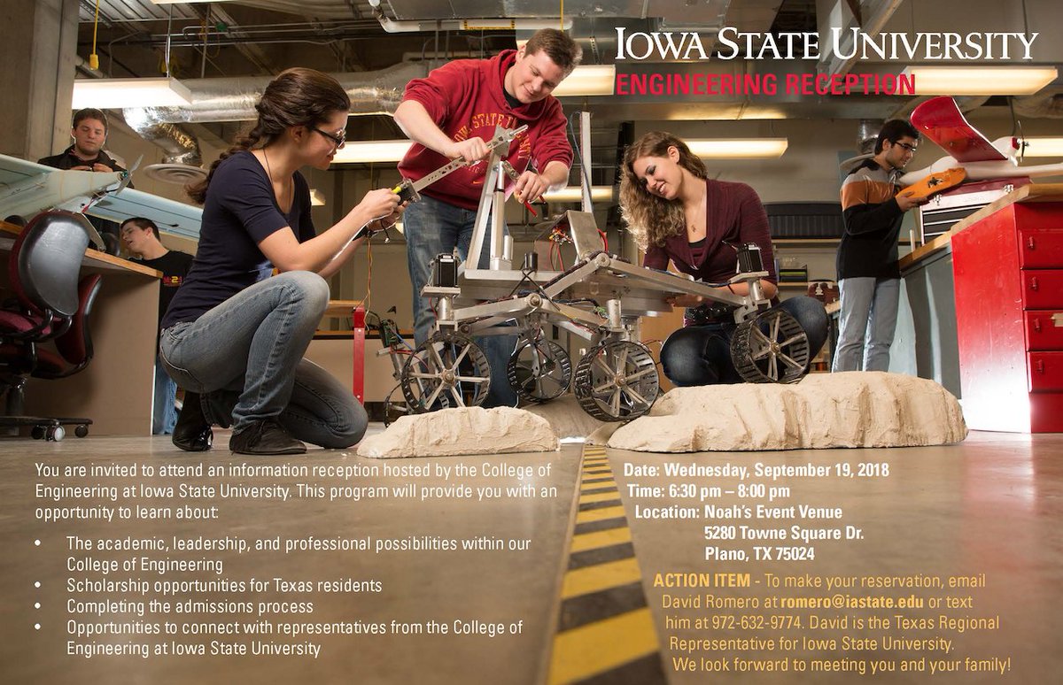 BeACyclone's tweet photo. #TexasCyclones: @ISU_CoE will be hosting a reception for juniors/seniors in the Dallas-Fort Worth area on Sept 19. The reception will feature more information about @ISU_CoE, scholarship opportunities for TX residents, and the admission process. See below for more details. https://t.co/Ij3L3BHlr8