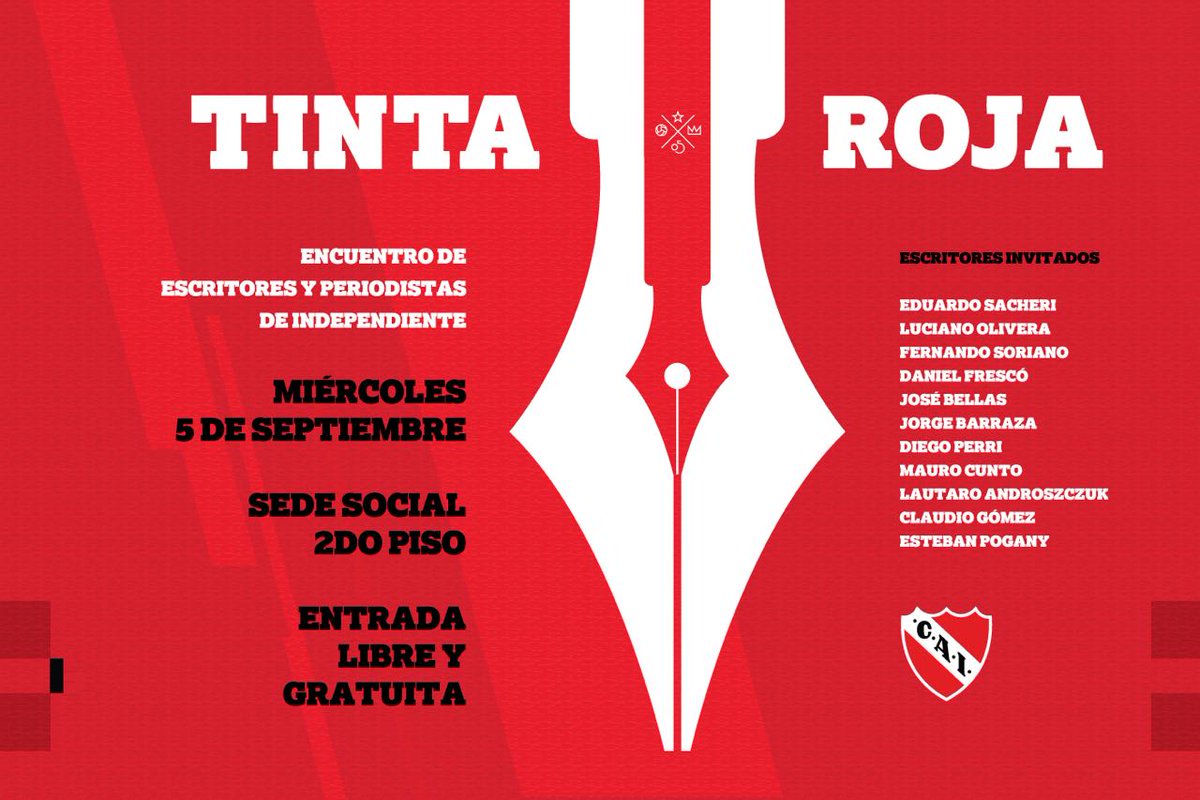 El próximo 5 de septiembre a las 19 tendrá lugar el Café Literario 'Tinta Roja', organizado por la Secretaría de Cultura y Educación de @Independiente. Entrada libre y gratuita #TodoRojo