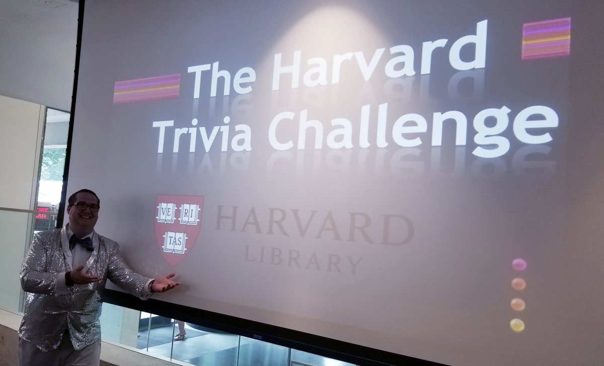 KyleKCourtney's tweet photo. All in a day's work, people! The @HarvardLibrary Trivia Challenge! Welcoming the incoming class to the wonders of @Harvard! Trivia, fun, prizes! (Featuring the #sparklejacket) https://t.co/rmGscQlL2E