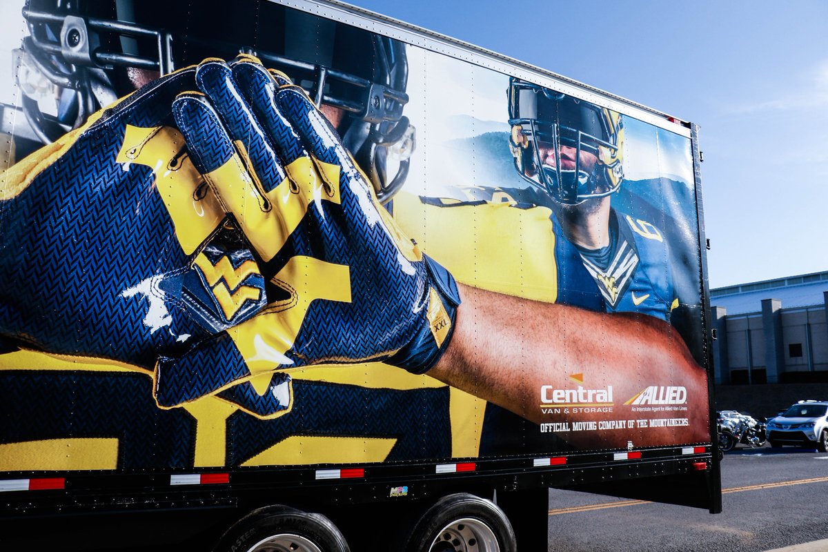 WVUfootball's tweet photo. It’s just about time to hit the road – from Country Roads to the Queen City! Thanks to our friends @central_allied, the official moving company of the Mountaineers #HailWV https://t.co/EljzyXkTnd