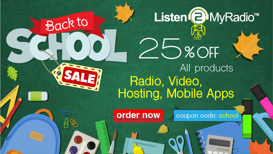 Here goes the bell again it's time for our new sale.
25% off of Radio server, Video server, Website hosting, Mobile App Products. promotion code: school 
listen2myradio.com/main-order.php…