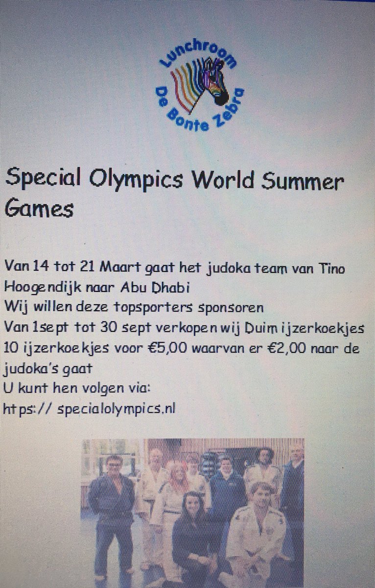 ZebraBonte's tweet photo. Sponsoring voor het judoka team die naar de special Olympics world games gaan 10 ijzerkoekjes voor 5,00 waarvan €2,00 naar het team gaat https://t.co/hw2VTqlhUx