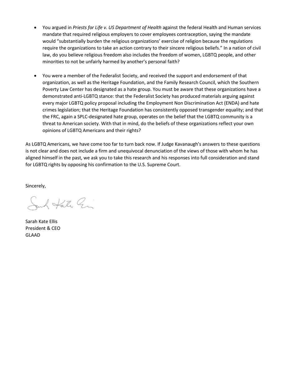 The letter includes questions about Judge Kavanaugh’s praise of anti-LGBTQ Justice Antonin Scalia, as well as his endorsement by the anti-LGBTQ activists at Family Research Council and other anti-LGBTQ organizations. #AskKavanaugh