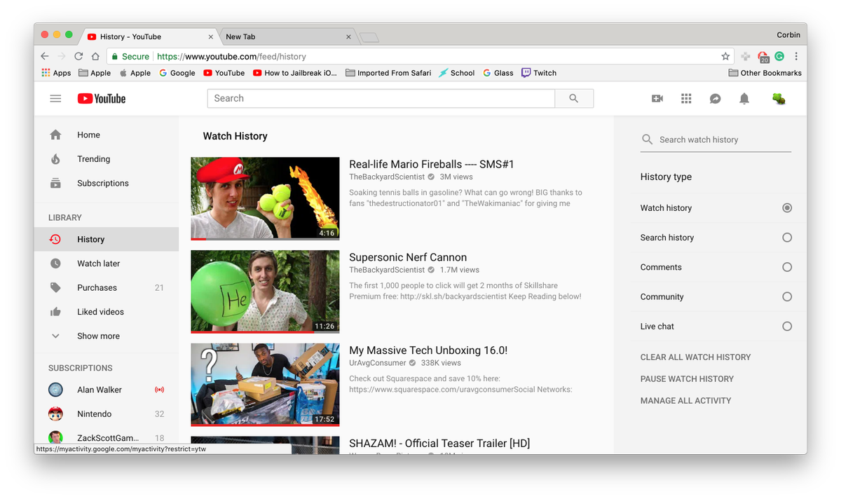 YouTube History Page After Adjustments