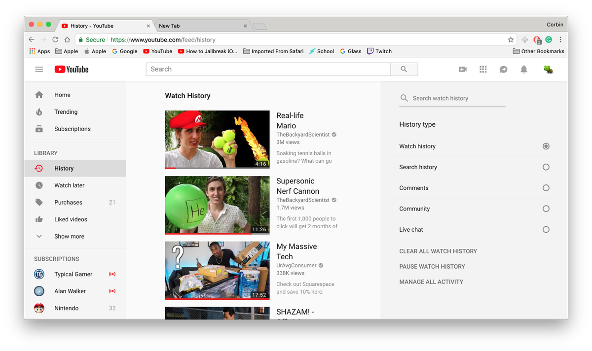 YouTube History Page Before Adjustments