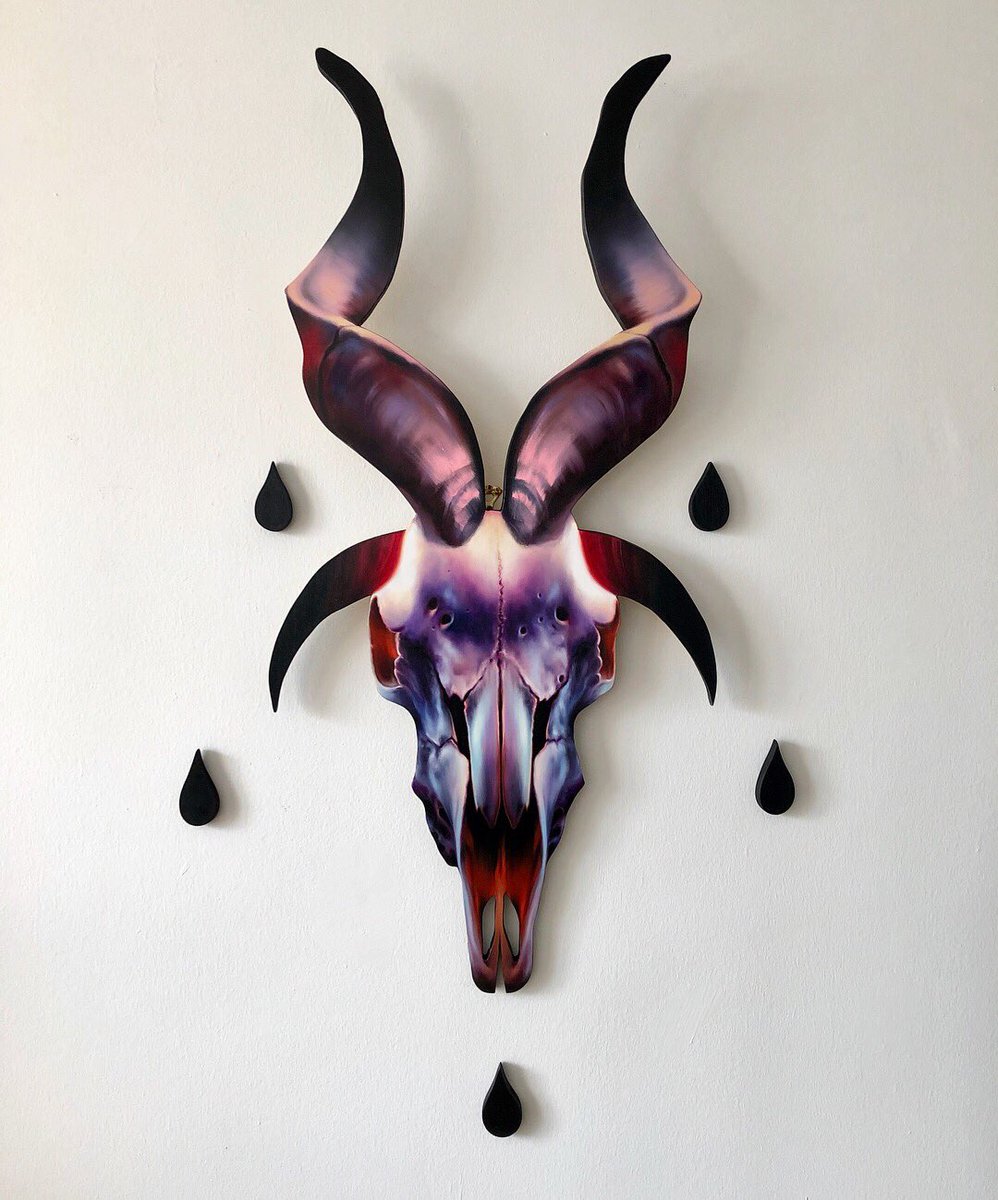 “SVAROG” - oil paint on hand cut wood. 21.5x45 inches, 3/4 inch thick, hangs evenly 3/4in off the wall. Available thru <a href="/LRgallery/">Last Rites Gallery</a> email: info@lastritesgallery.com