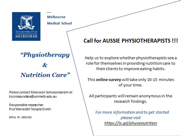 Kaleswari3's tweet image. Are you a #physiotherapist practising in Australia?Tell us @unimelb what you think of offering basic #nutrition advice to patients in this 10 min survey is.gd/physionutrition
@whitecoat_au @KieserAustralia @BackInMotionHG @ConversationEDU #ActivePhysio @Physios4PA #health #diet