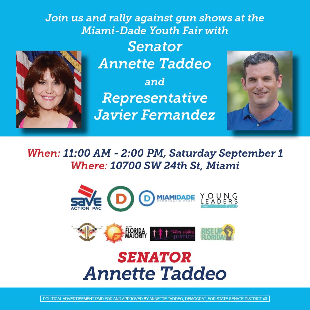 Annette_Taddeo's tweet photo. Gun sales don't belong at the Miami-Dade Youth Fair &amp; Expo.

That is why I'm joining  Rep @Javierfor114  &amp; many other state and local leaders this Saturday to rally against gun shows at the fairgrounds.

Click below to RSVP and join our coalition! https://t.co/TrX43v7jPL https://t.co/iPVVSsm5t0