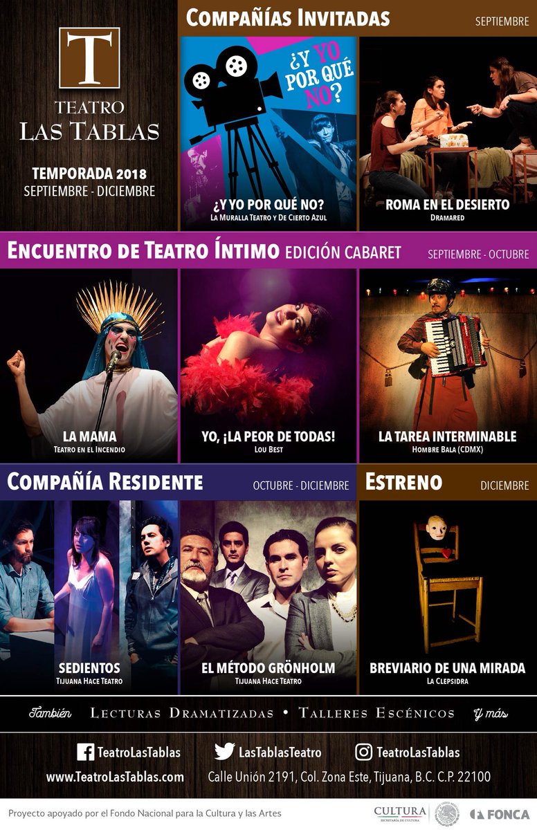LasTablasTeatro's tweet photo. Estamos muy contentos de compartirles nuestra cartelera con compañías invitadas, la primera edición de un nuevo Encuentro, temporadas, funciones especiales y más. GRACIAS por hacer teatro con nosotros. #EspaciosIndependientes #FoncaTeatro #FoncaCoinversiones #FONCADifusión https://t.co/4X6TX4BUFL