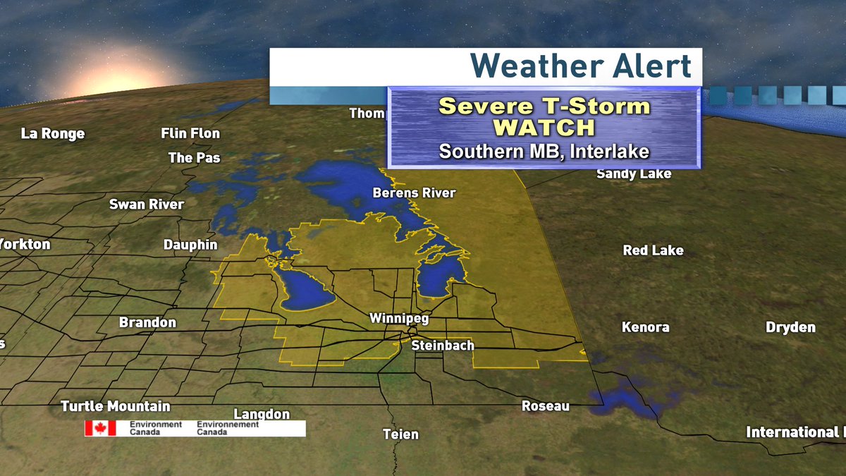 johnsauderCBC's tweet photo. Severe T-Storm WATCH issued by #ECCC for parts of sthrn and central MB including #cityofwpg #cbcmb https://t.co/gAjBRs3PgB