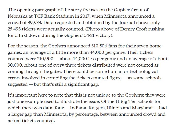 EmptySeatsPics's tweet image. &quot;If you’ve ever wondered how the actual crowd size compares to what teams announce, this story gives you a picture of how it is in college football at Minnesota and other schools.&quot; #NCAA #TicketsDistributed (ht @TomKYL3) startribune.com/report-actual-…