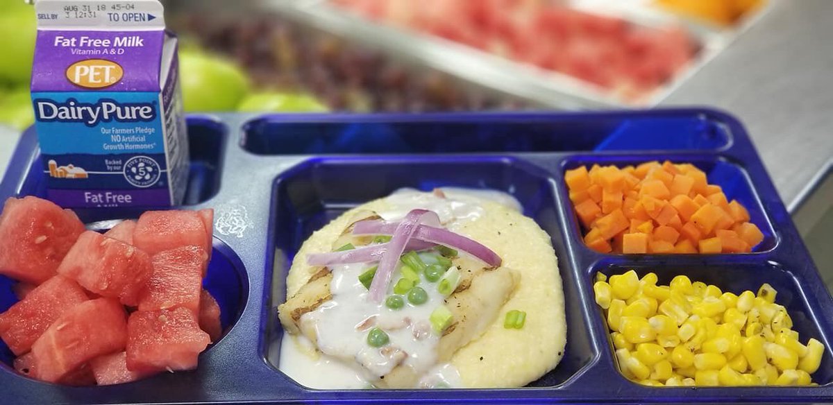SchoolFoodRocks's tweet photo. Alaskan Pollock Fish &amp; Grits with local watermelon, perfectly cooked veggies, and ice cold milk. This may be the perfect school lunch https://t.co/YB755x5A5m