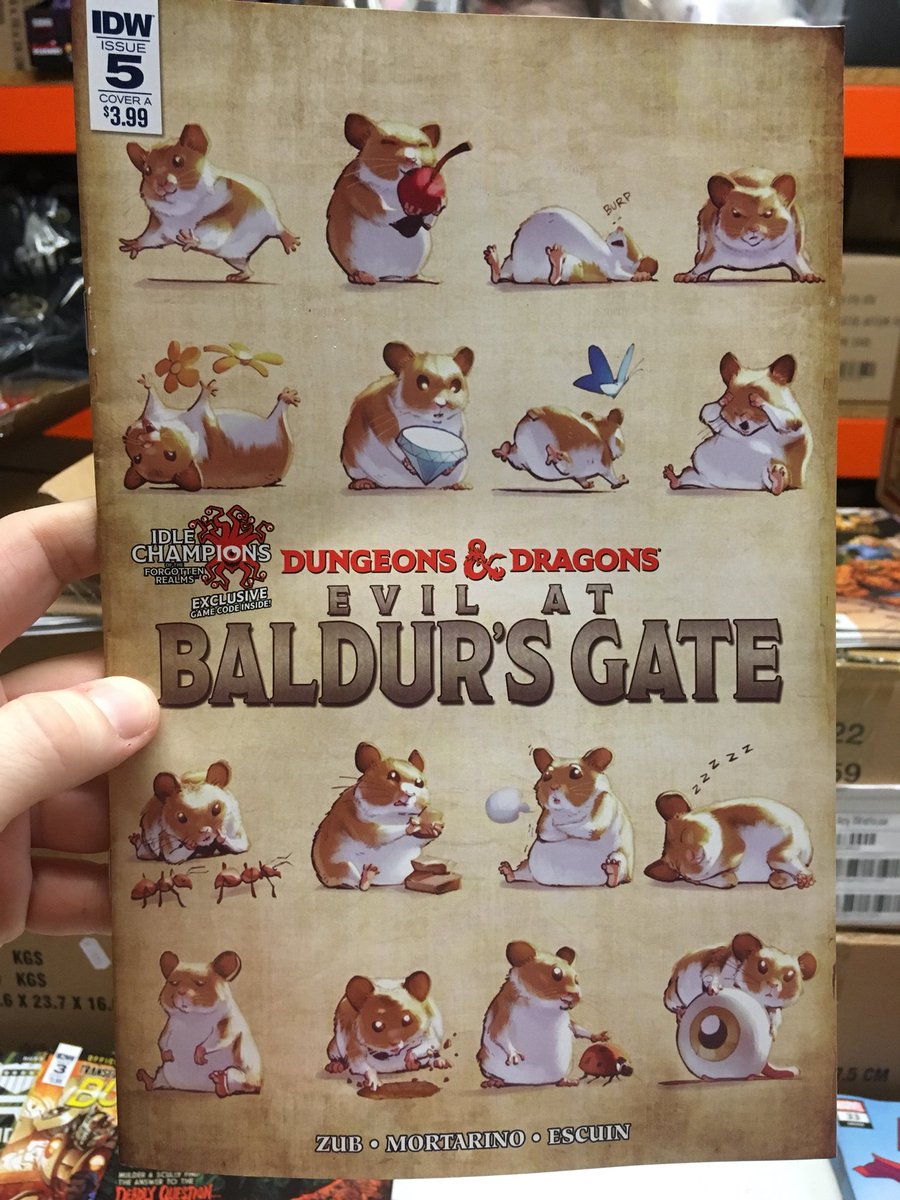 FPManchester's tweet photo. Comic cover of the week goes to Dungeons and Dragons: Evil At Baldur’s Gate issue 5. Hammies! #hamster #comiccoveroftheweek #comics #newcomicbookday #dungeonsanddragons #idw #idwcomics #baldursgate https://t.co/4jRA5dSrCW