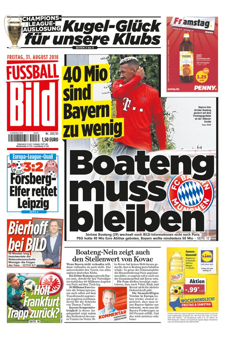 Fussball_Bild's tweet photo. #Boateng darf nicht zu @PSG_English – #ChampionsLeague: @FCBayern schon fast weiter –  #RBLeipzig duselt sich weiter – Wem gehören Europas Top-Klubs? https://t.co/XYwAR08h9N