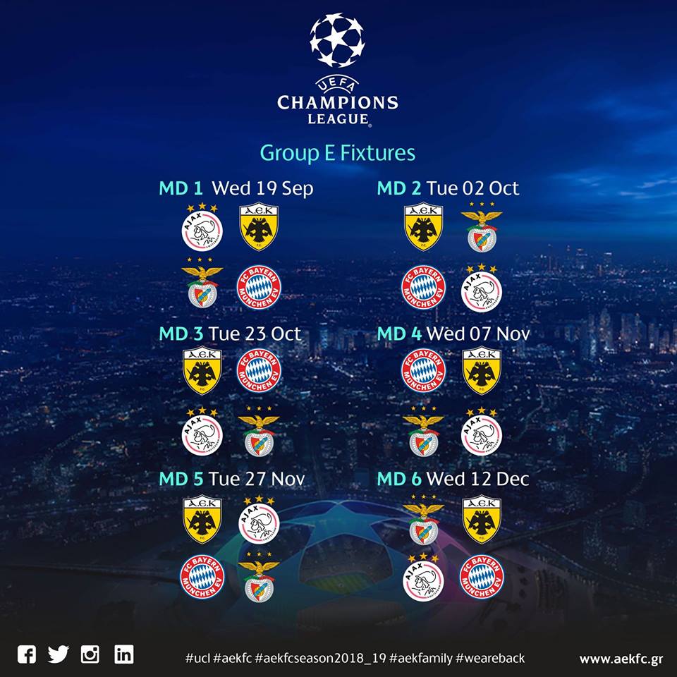 AEK_FC_OFFICIAL's tweet photo. Αναλυτικά το πρόγραμμα του ομίλου της ΑΕΚ
#aekfc #ucl #groupstagedraw #weareback https://t.co/ta1qklxnq1