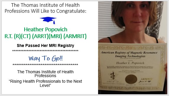 ThomasHealthPro's tweet photo. Congratulations to Heather Popovich from New Hampshire on Passing her MRI Registry! Heather took our Online Course. She wrote: " Thank you! Finally, I passed my MRI Boards!"
For More Info. go to: https://t.co/fmtpgUiJYh
#ASRT, #ARRT, #ARMRIT, #MRICOURSES #thomashealthprofessions https://t.co/A8F3aZq5fS