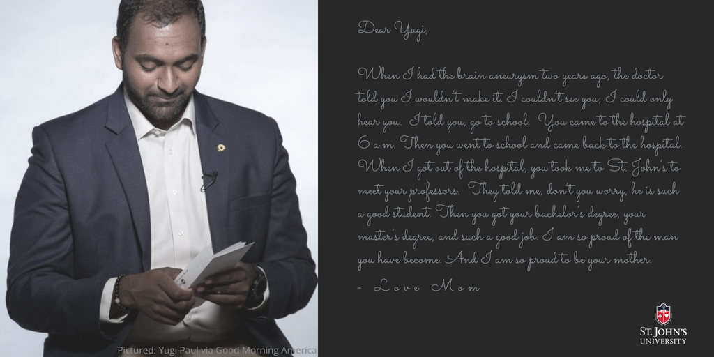 StJohnsU's tweet photo. First-generation college student Yugi lost his father when he was 14 years old. Two years ago, his mother had a brain aneurysm, but she lived to write this letter to her son. 

Watch as Yugi reads it for the first time for @GMA: https://t.co/ZHXsiHAF92 https://t.co/vOCZptZRev