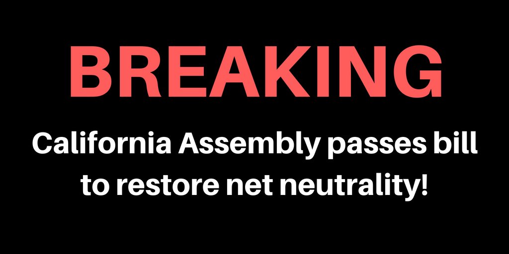 Huge victory for Internet users everywhere! The California Assembly just passed #SB822, the best damn state level #NetNeutrality bill in the US. The bill heads next to the Senate.

Call the Senate: battleforthenet.com/california

Chip in for last minute ads: donate.fightforthefuture.org