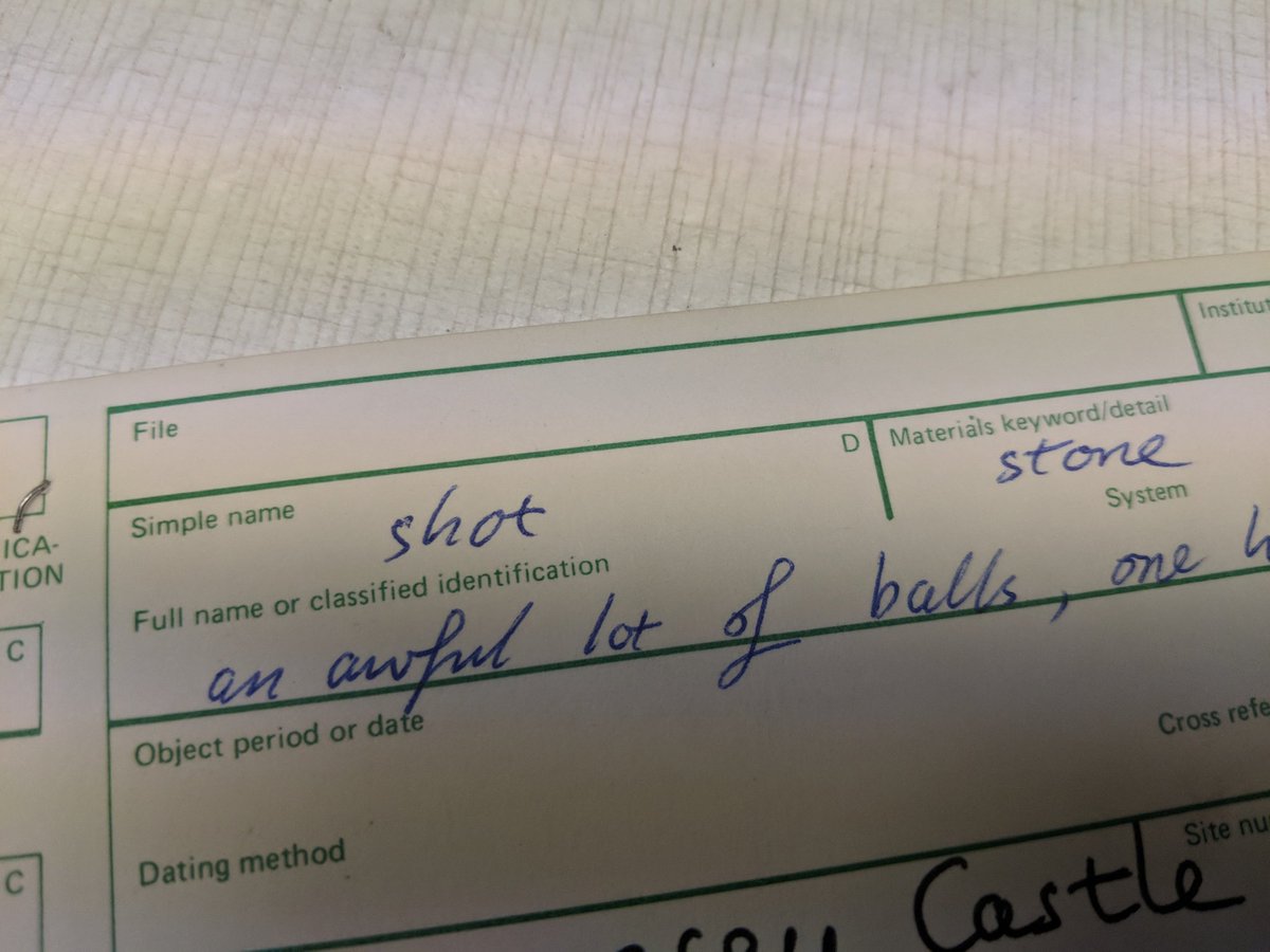 keeley_j_wilson's tweet photo. I found this painfully honest catalogue card in our archive today... 🙈 I mean, it's not inaccurate! 
#lotofballs #trebuchet #stoneshot https://t.co/dKtg40gJE0