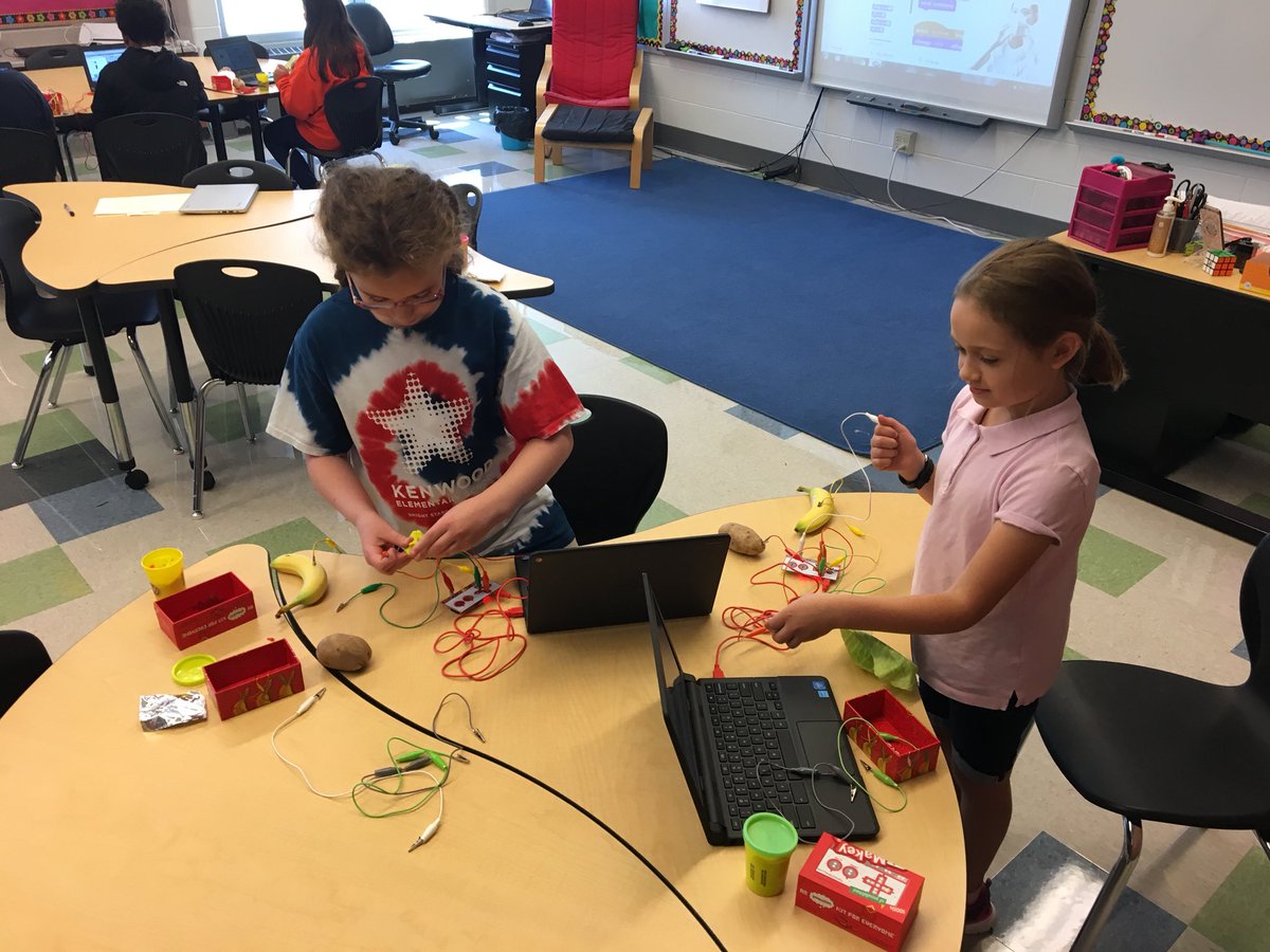 WendyMaa's tweet photo. My 5th graders exploring with @makeymakey using a program they created with @scratch! They’re loving it! Complete engagement, perseverance, and creativity! https://t.co/G5MsMJh0ty