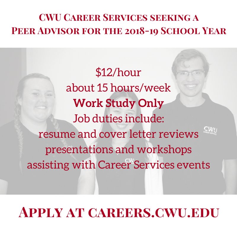 CWUCareer's tweet photo. Looking for a work-study eligible student with leadership skills who wants to work closely with other students and help them with their professional development. 3.0+ GPA Required. Posted now, apply today!. #cwucareer https://t.co/xOBHyKAyyi