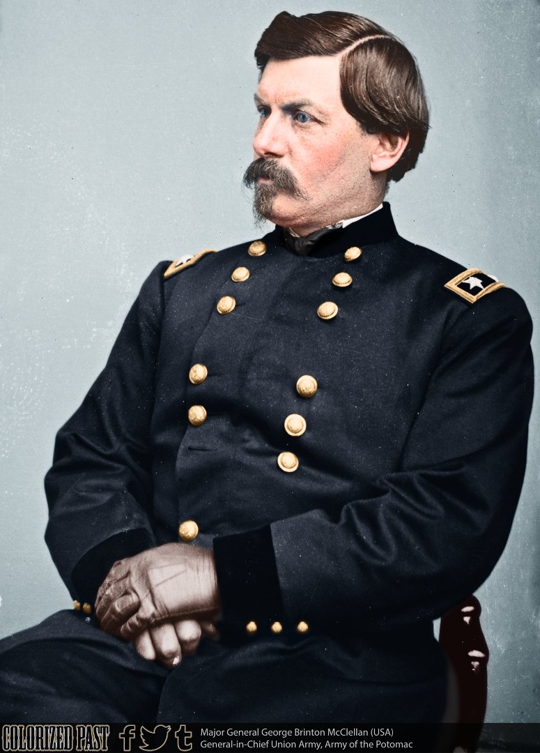 ColorizedPast's tweet image. Maj. Gen. George B. McClellan consistently overestimated the manpower strength of his Confederate adversaries in the East leading to a failure of his Peninsula Campaign in 1862 and a failure to vigorously pursue Lee following the Battle of Antietam in September 1862.