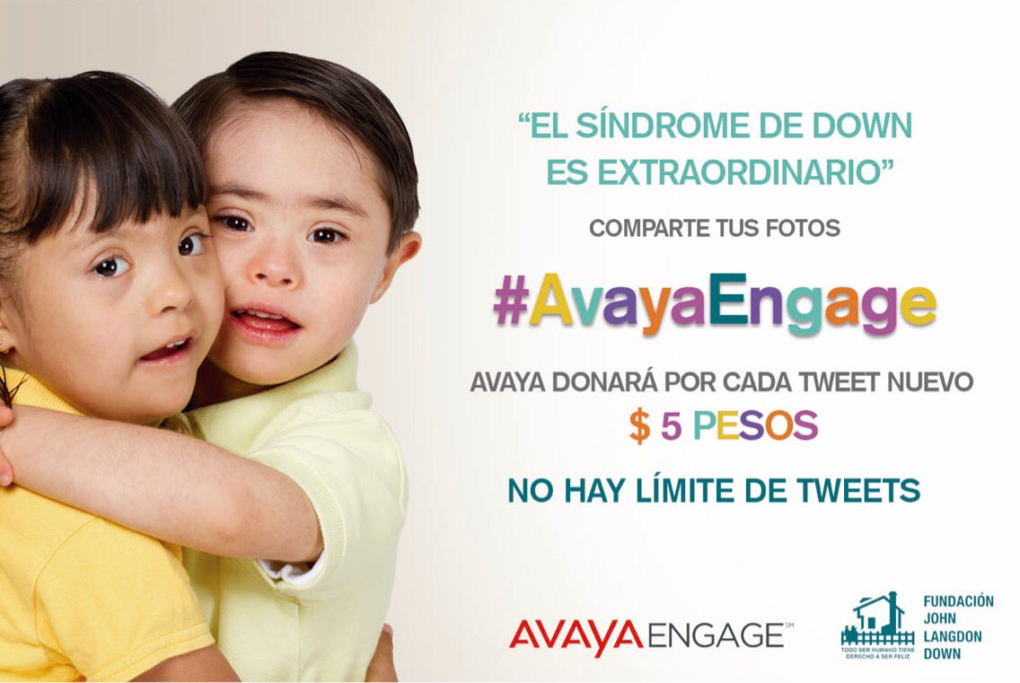 FJLDown's tweet photo. #FelizJueves gracias @Avaya_Latam por su apoyo. Usa el hastag #AvayaEngage para apoyar a las personas con síndrome de Down de nuestra fundación. #MeConformoCon que lo uses en todos tus tweets. https://t.co/uIstUBBu7n