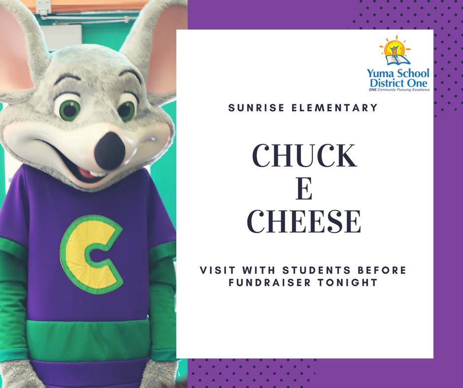YumaDistrict1's tweet photo. The students at Sunrise Elementary received a visit from Chuck E Cheese today, before tonight's fundraiser from 5:00pm - 9:00 pm. Students are looking forward to a fun evening. #yumadistrict1 #personalizedlearning #lovepubliceducation #ONEteam #ONEcommumity #sunriseelementary https://t.co/idpjwUAVuK