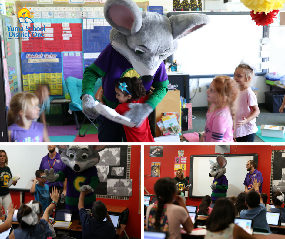 YumaDistrict1's tweet photo. The students at Sunrise Elementary received a visit from Chuck E Cheese today, before tonight's fundraiser from 5:00pm - 9:00 pm. Students are looking forward to a fun evening. #yumadistrict1 #personalizedlearning #lovepubliceducation #ONEteam #ONEcommumity #sunriseelementary https://t.co/idpjwUAVuK